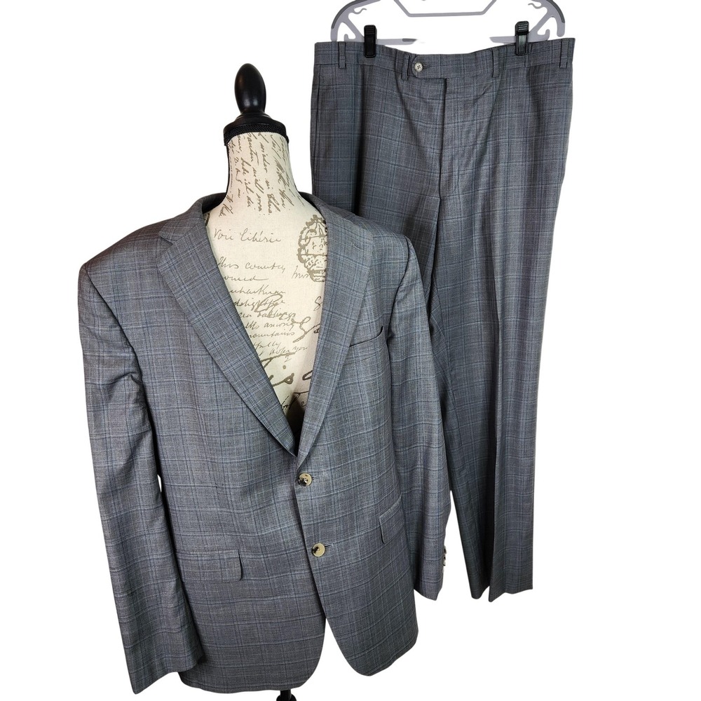 JACK VICTOR Verona Suit Mens 40 42 2 Piece Gray Check Loro Piana Super 130s Wool